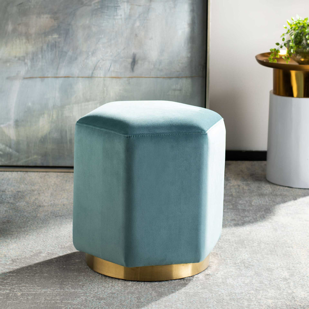 Pedro Hexagon Velvet Ottoman Seafoam