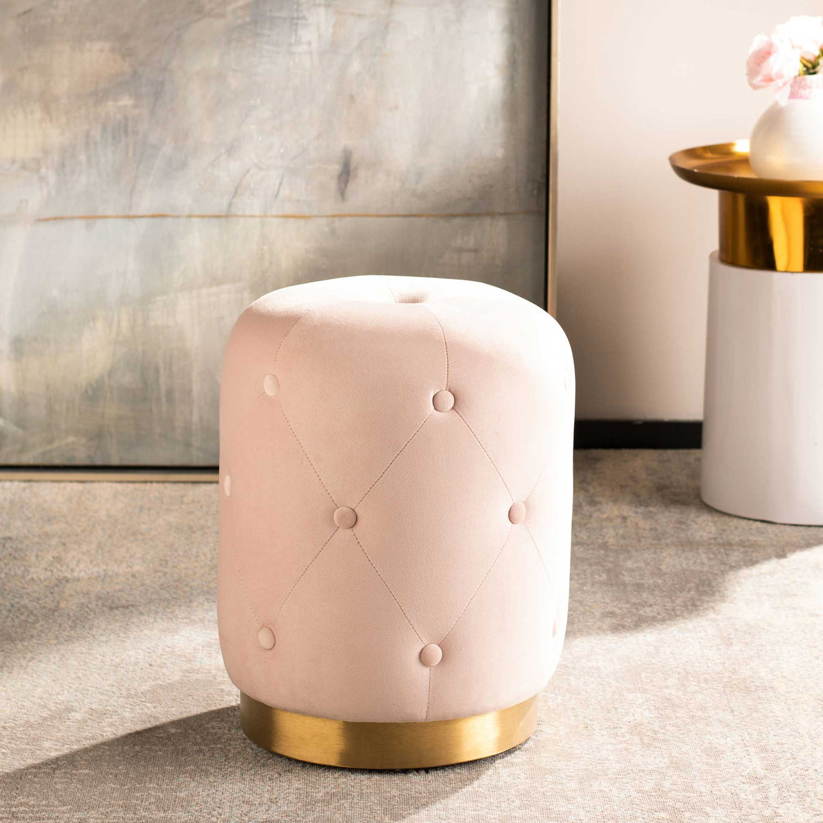 Carine Round Tufted Ottoman Light Pink