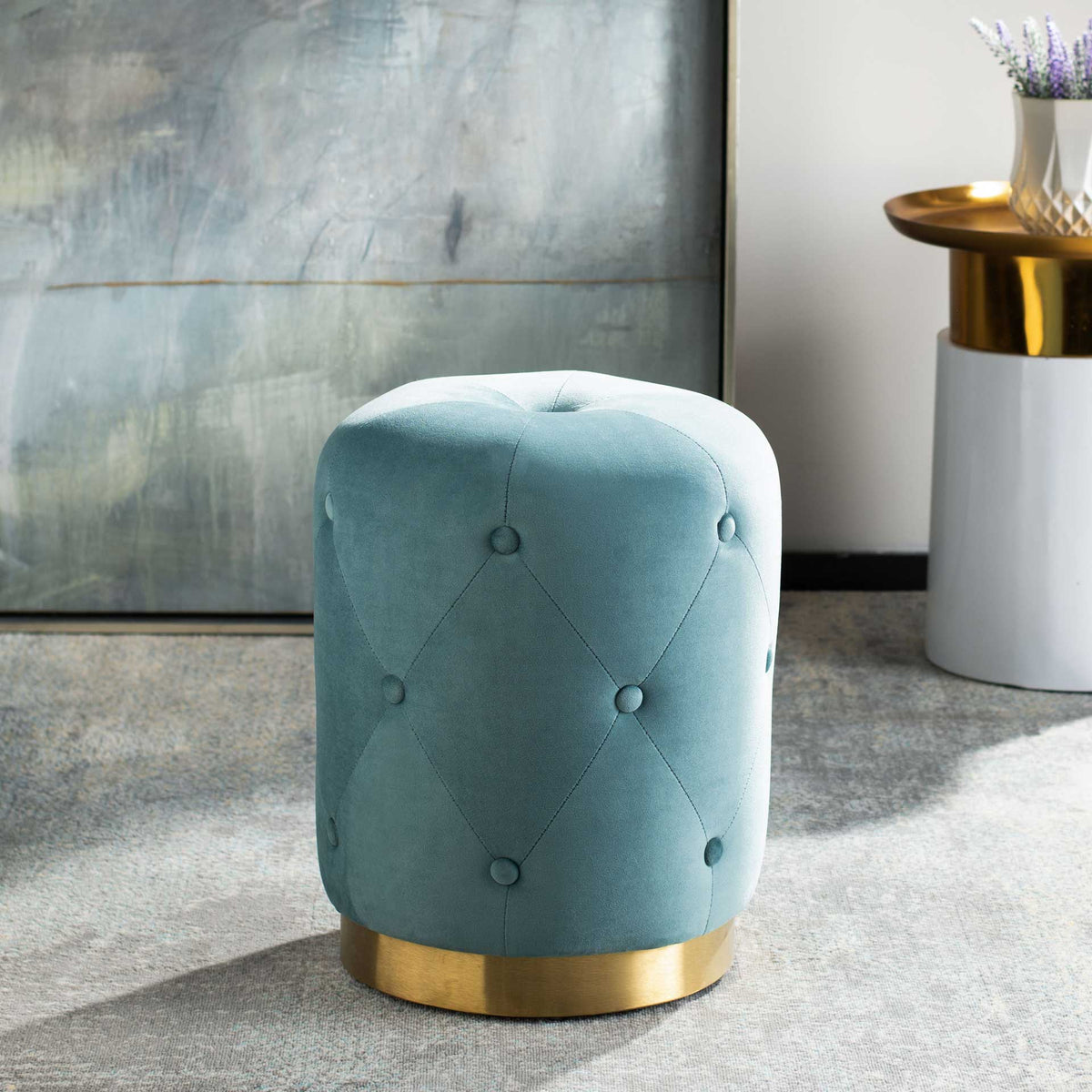 Carine Round Tufted Ottoman Seafoam