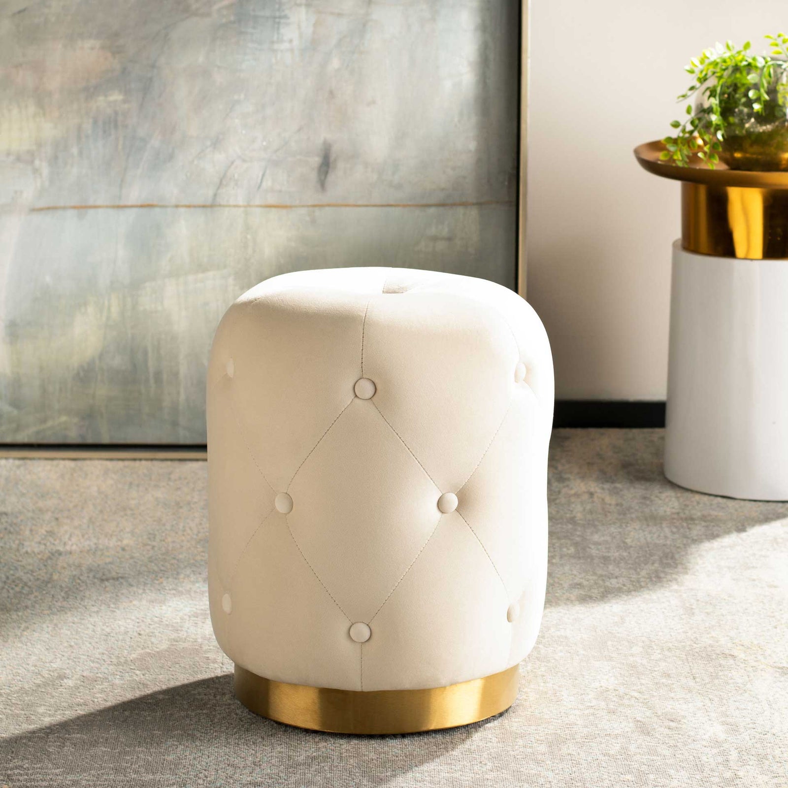 Carine Round Tufted Ottoman Cream