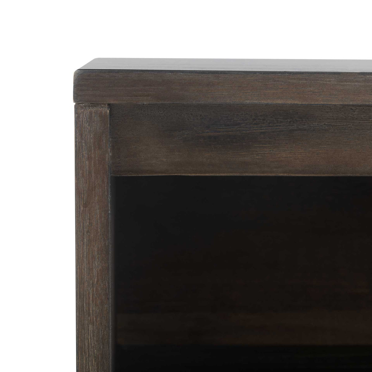 A deep open cubby sits beneath the substantial wood top for easy-access storage