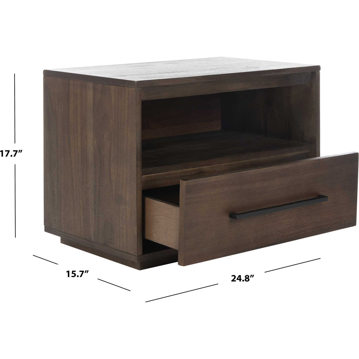 At 24.8 inches wide and 17.7 inches tall, the dark wood nightstand offers a drawer and cubby
