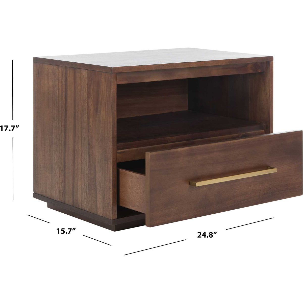 A 24.8-inch-wide nightstand pairs an open shelf and drawer in a 17.7-inch-high frame