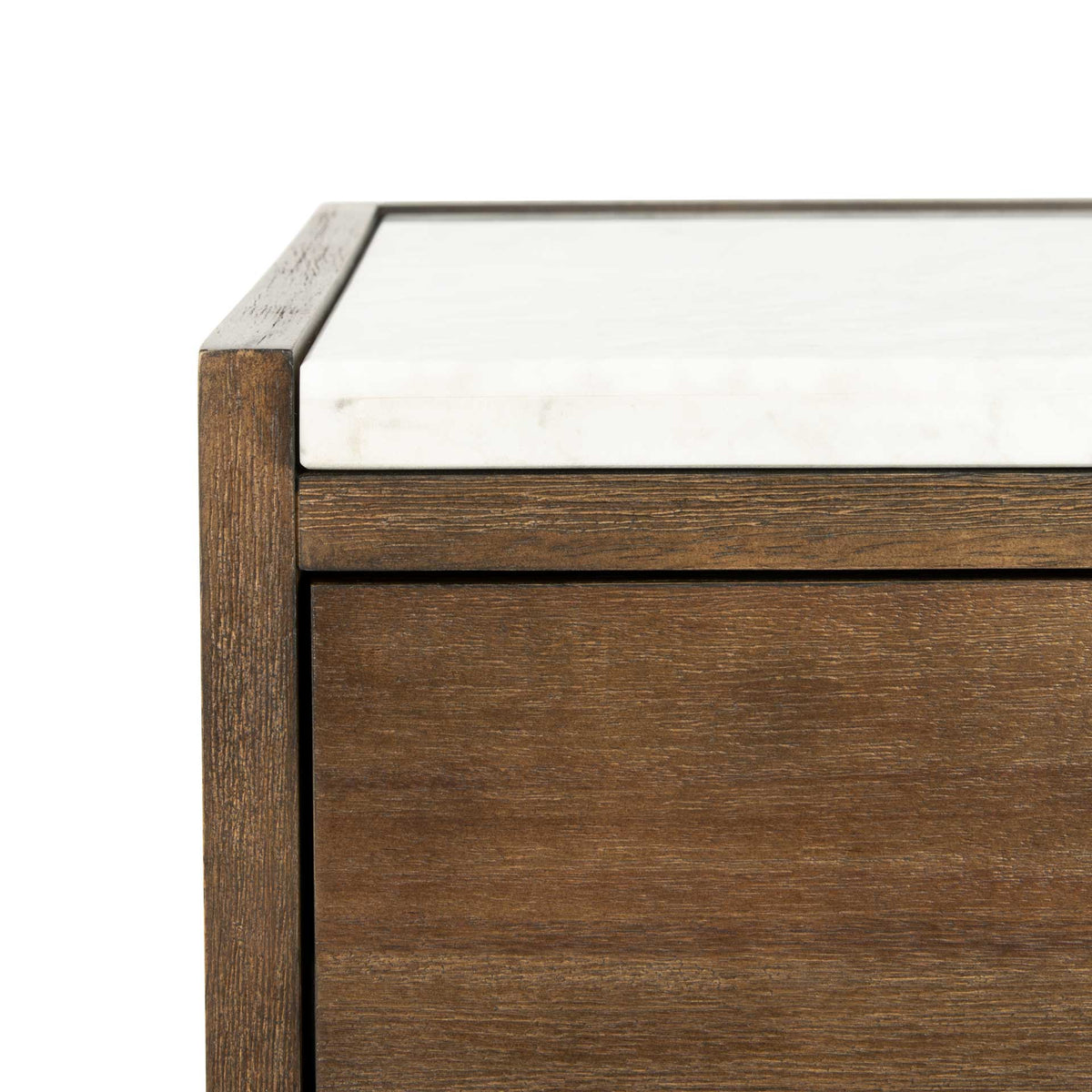 Smooth white marble meets a dark chocolate wood frame with visible grain and clean lines