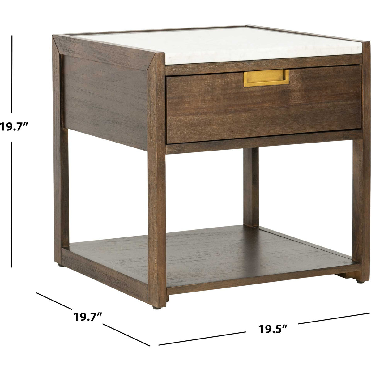 Marble-top nightstand measures 19.5 inches wide, 19.7 inches deep, and 19.7 inches high