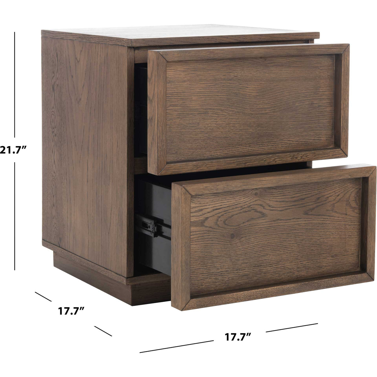 A 17.7-inch square footprint and 21.7-inch height make this two-drawer nightstand compact.