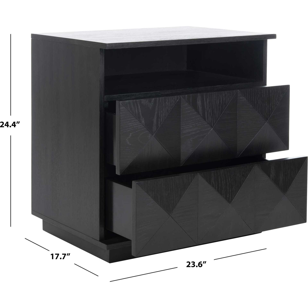 Two-drawer nightstand with an open shelf measures 23.6 inches wide, 17.7 inches deep, and 24.4 inches high