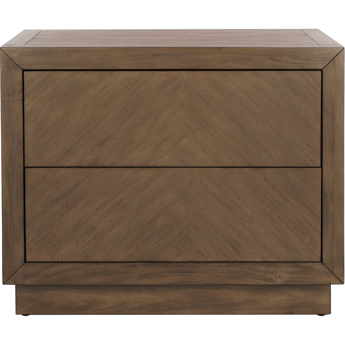Two chevron-grain drawers sit within a mitered frame on this rich brown wood nightstand || SFV7700A || front_studio