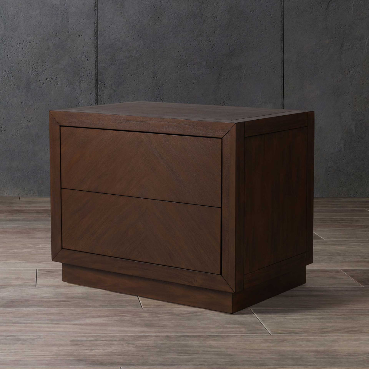 Rich brown woodgrain and two handle-free drawers lend this nightstand understated warmth