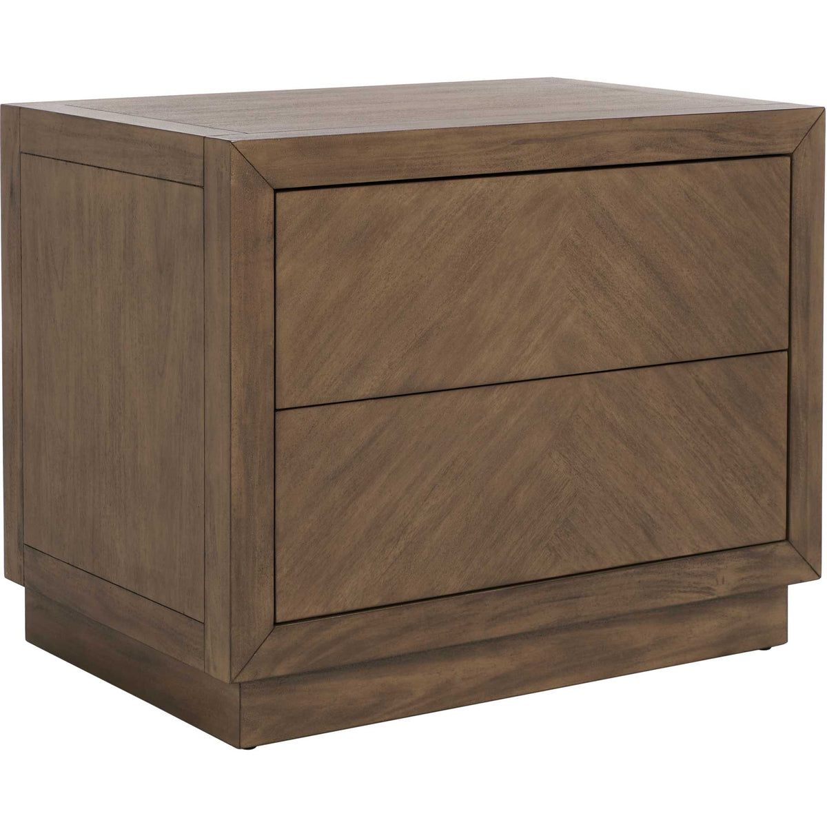 Warm brown woodgrain, a paneled side and two flush drawers give this nightstand a clean-lined look || SFV7700A || front_angle_studio