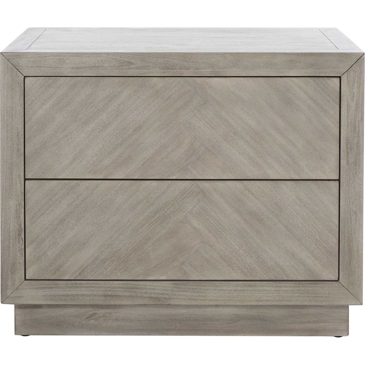 Two chevron-grain drawers add texture to this light gray nightstand's sleek, handle-free face || SFV7700C || front_studio