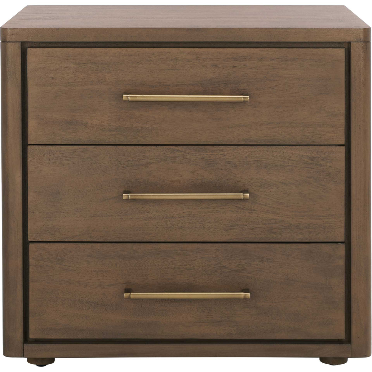 Three broad drawers with slim brass-tone pulls add polish to the warm brown wood finish || SFV7701A || front_studio