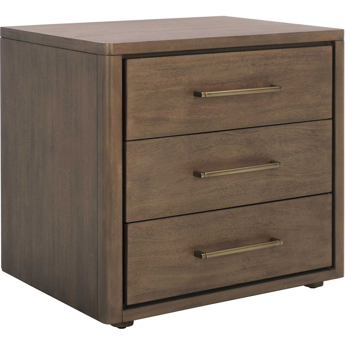 Warm brown wood grain wraps a compact three-drawer nightstand with brass-tone pulls || SFV7701A || front_angle_studio