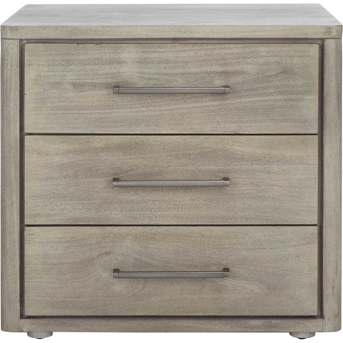 Three wide drawers and slender silver-tone pulls create a clean look in light gray wood || SFV7701C || front_studio