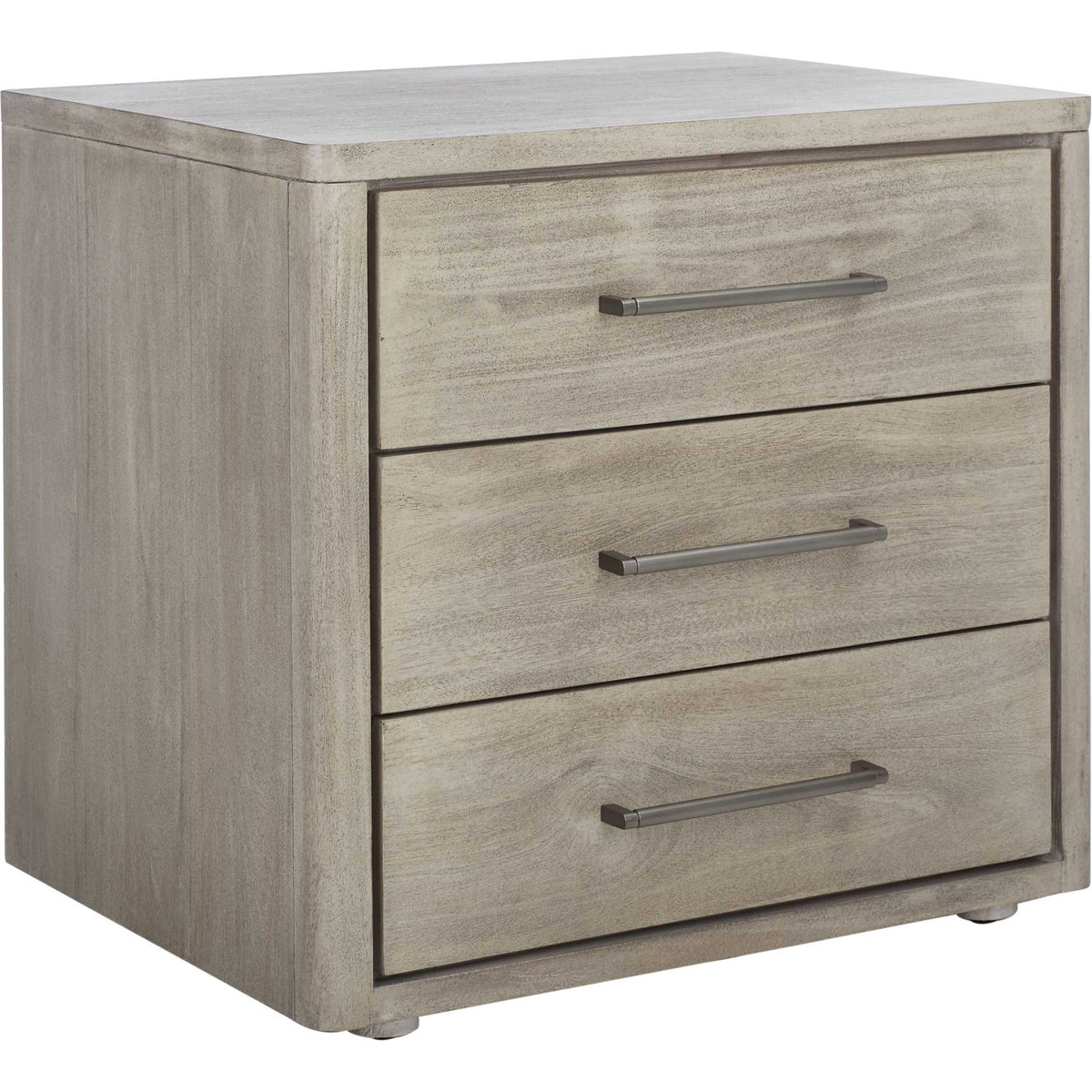 Light gray wood grain and silver-tone pulls give this three-drawer nightstand a soft, modern look || SFV7701C || front_angle_studio
