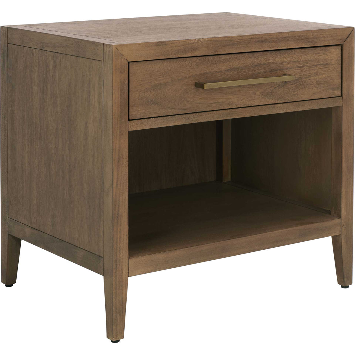 Warm brown wood grain and tapered legs complement a single drawer and spacious open shelf. || SFV7702A || front_angle_studio
