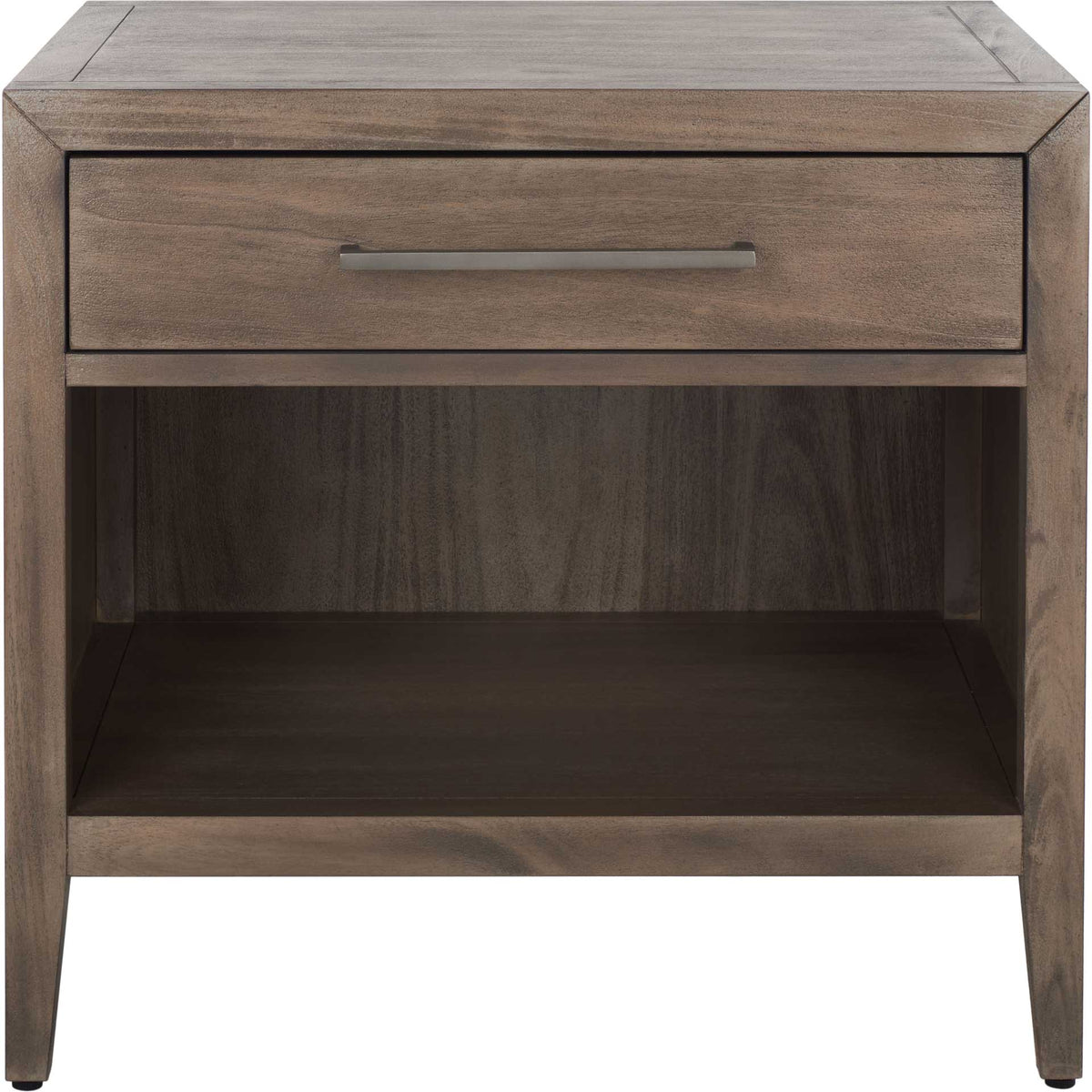 One broad drawer with a streamlined metal pull sits above a roomy open shelf in light brown wood. || SFV7702B || front_studio