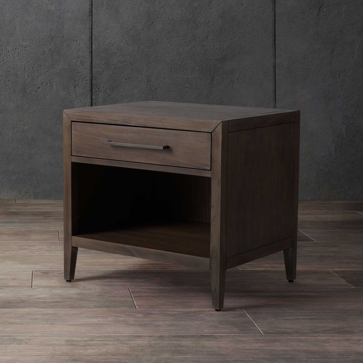 Subtle light brown wood grain and an open lower shelf add easygoing warmth and storage.