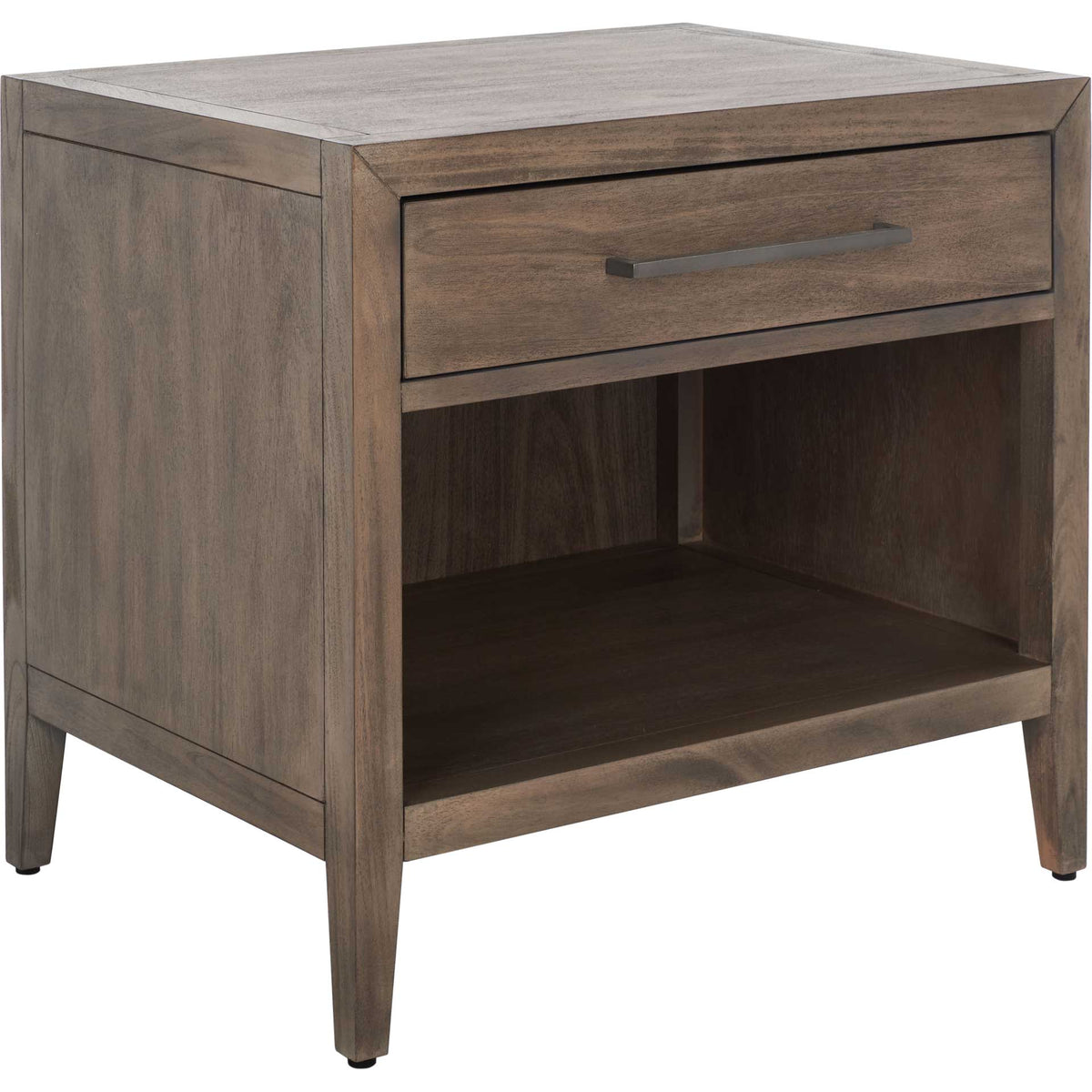 A light brown wood finish wraps the open shelf and single drawer above slim tapered legs. || SFV7702B || front_angle_studio