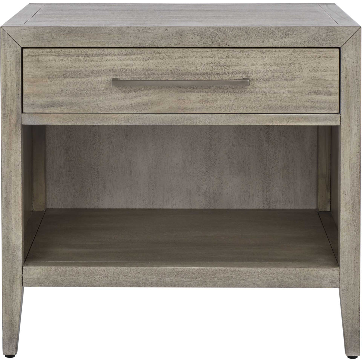 A slim metal pull tops a roomy open shelf in this light gray wood nightstand. || SFV7702C || front_studio