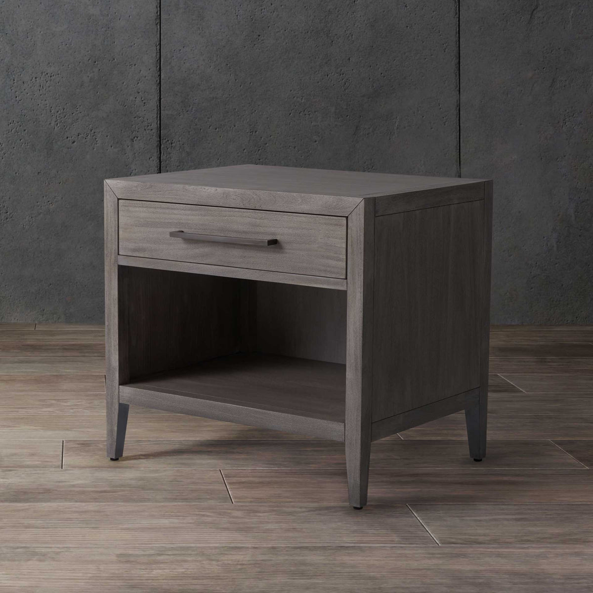 Soft gray grain and a spacious open shelf keep bedside essentials within easy reach.