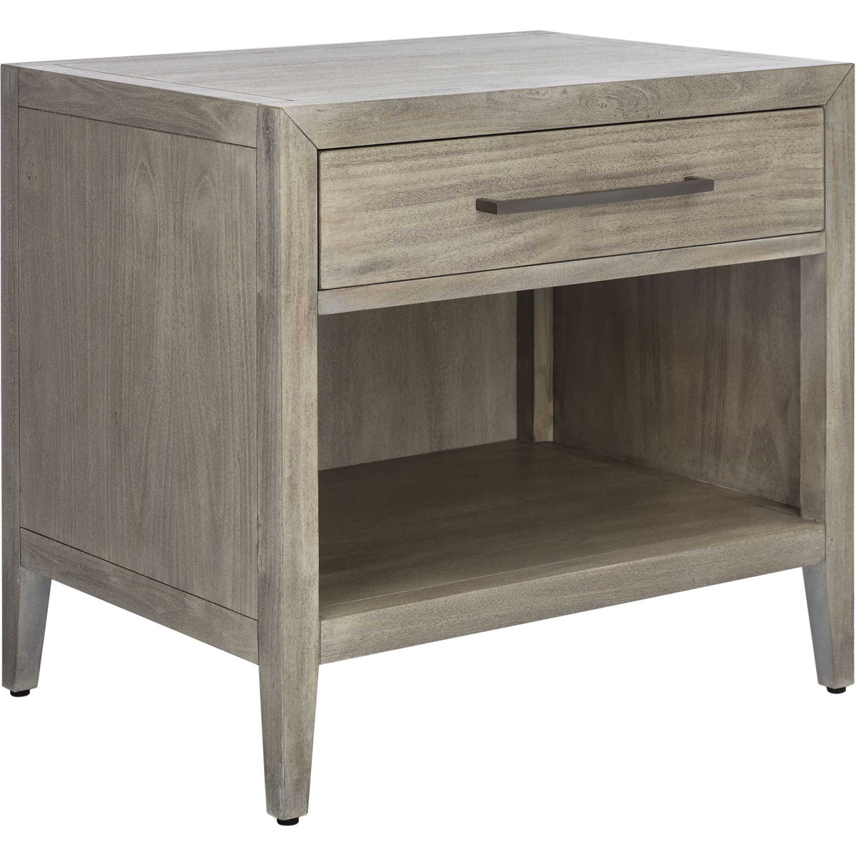 Light gray wood grain, a single drawer, and an open shelf create a versatile bedside accent. || SFV7702C || front_angle_studio