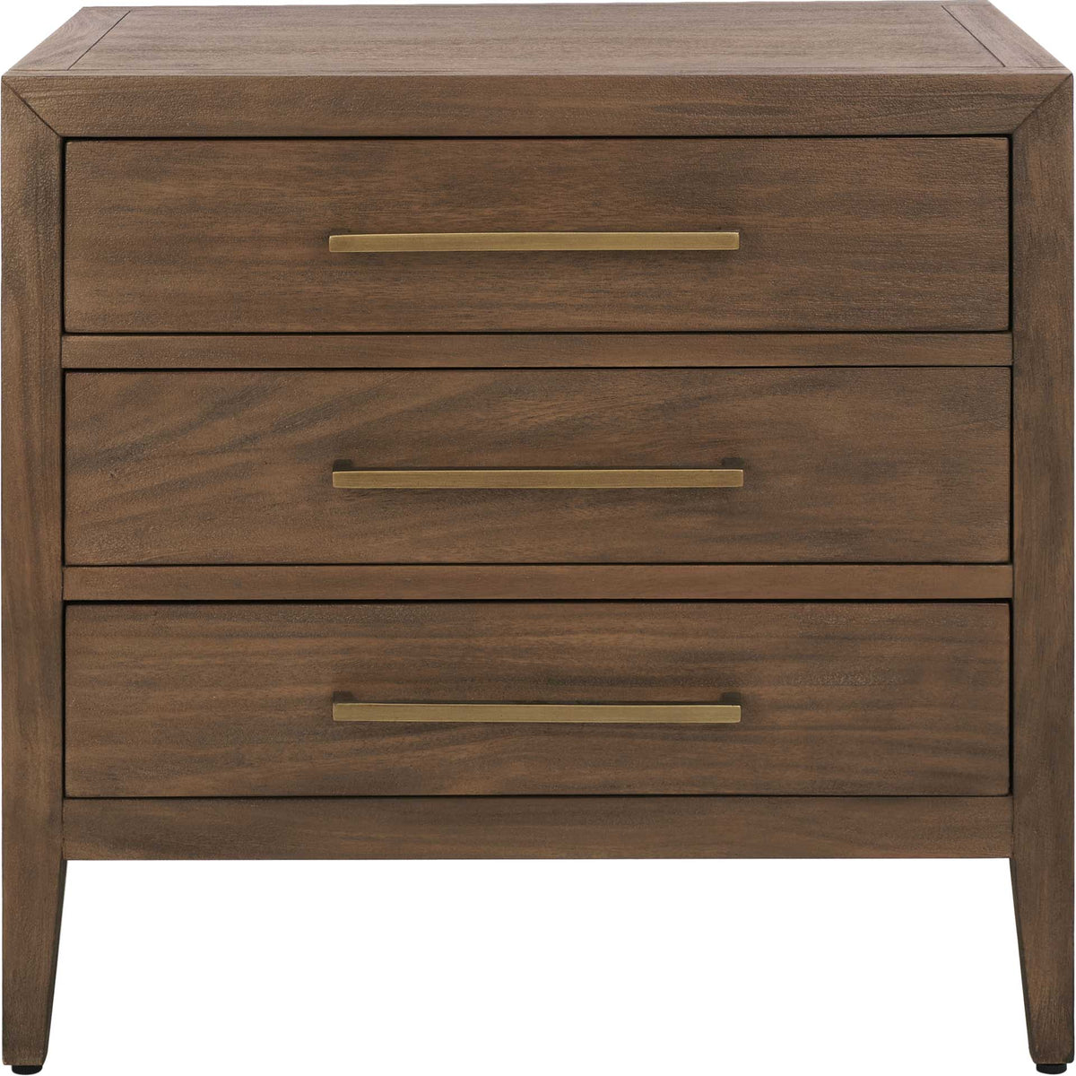 Three generous drawers with slim brass-tone pulls bring warm, organized storage to the bedside. || SFV7703A || front_studio
