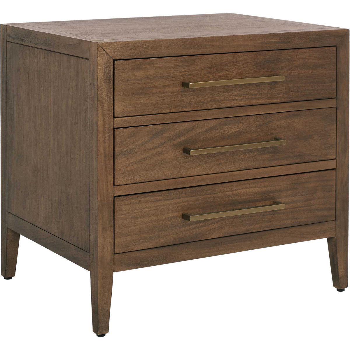 Rich brown wood grain and brass-tone pulls dress three drawers above tapered legs. || SFV7703A || front_angle_studio