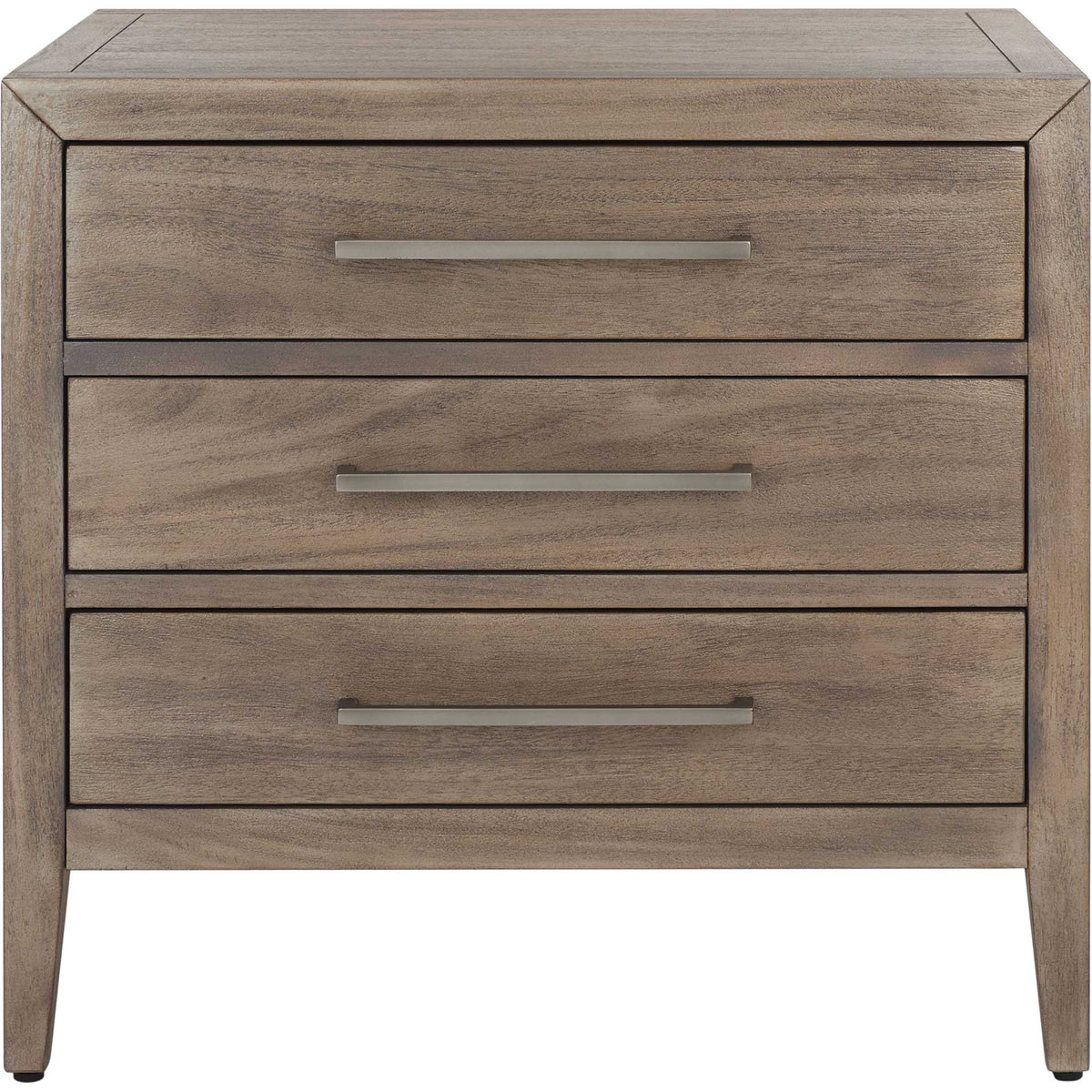 Three wide drawers with sleek metal pulls give this light brown nightstand ample storage. || SFV7703B || front_studio