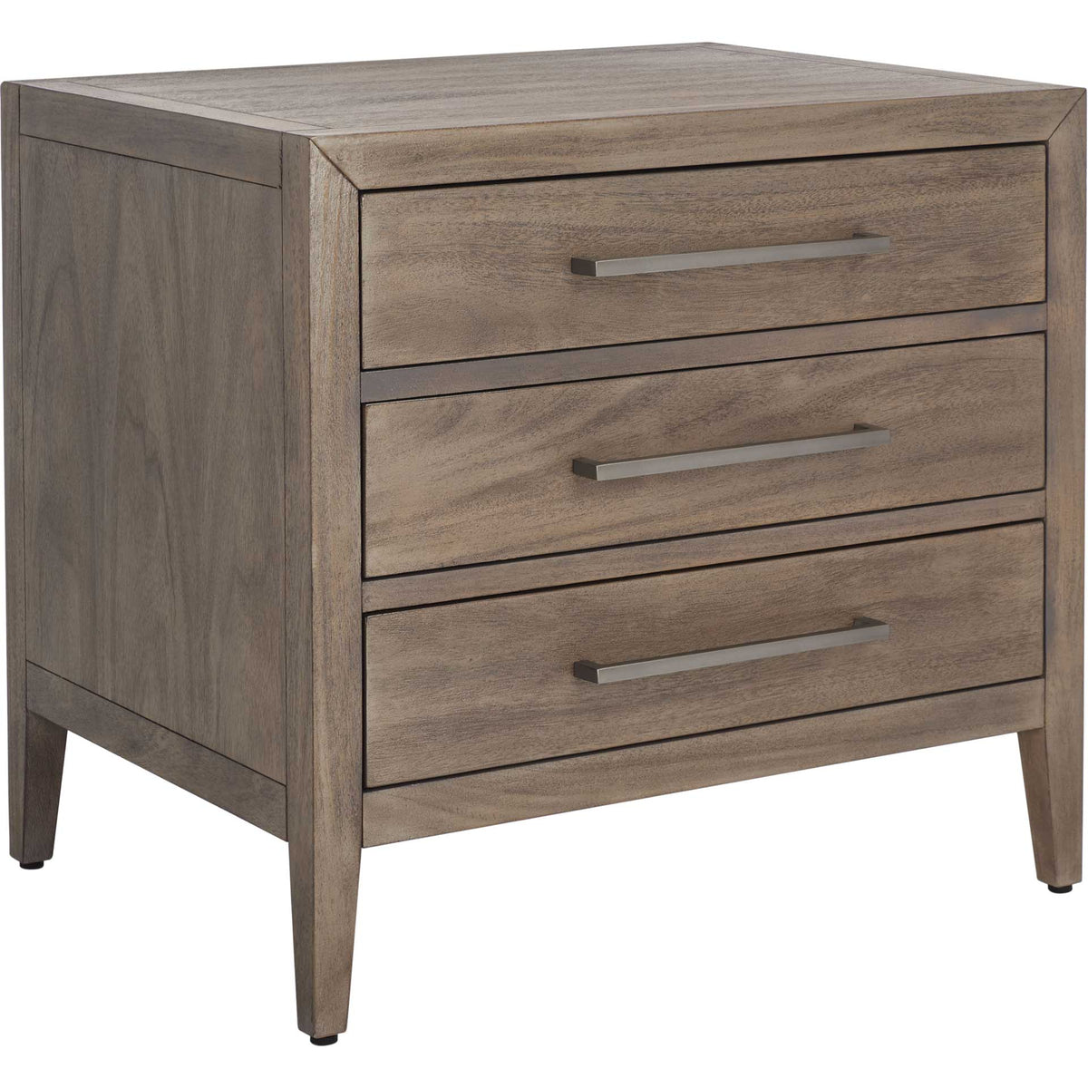 Light brown wood grain and tapered legs soften the crisp lines of three stacked drawers. || SFV7703B || front_angle_studio