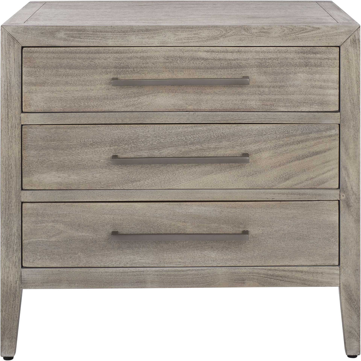 Three stacked drawers with linear metal pulls keep storage sleek in light gray wood. || SFV7703C || front_studio