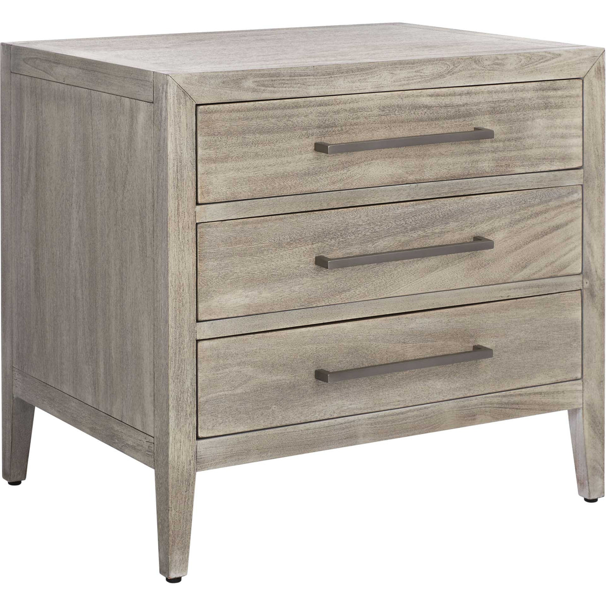 Light gray wood grain, three drawers, and slim tapered legs lend airy mid-century charm. || SFV7703C || front_angle_studio
