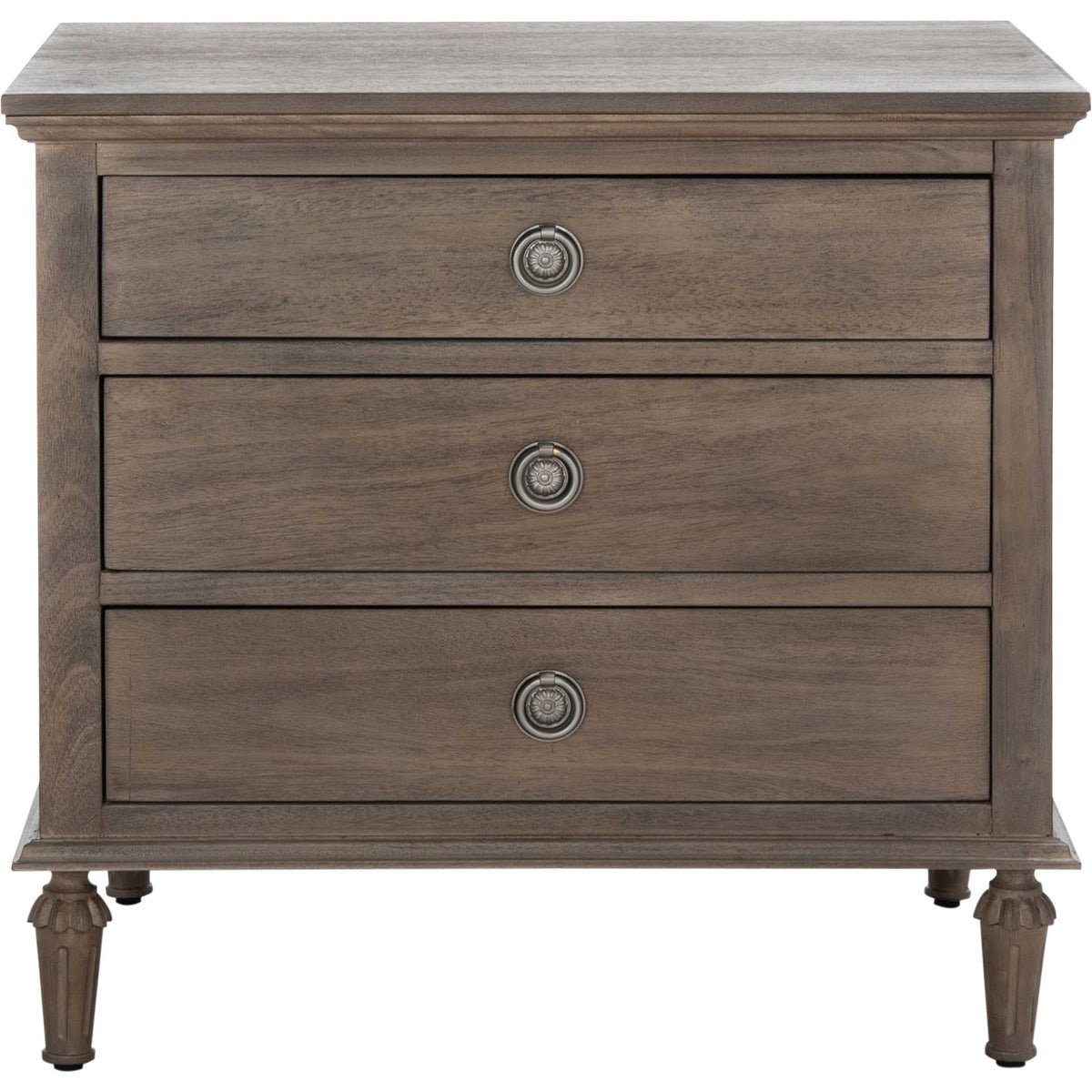 Light brown nightstand holds bedside essentials in three drawers with round silver-tone knobs. || SFV7705B || front_studio
