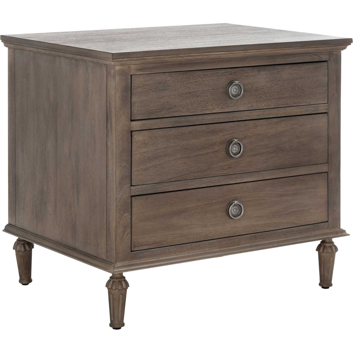 Light brown wood grain, an overhanging top, and carved tapered legs soften this three-drawer nightstand. || SFV7705B || front_angle_studio
