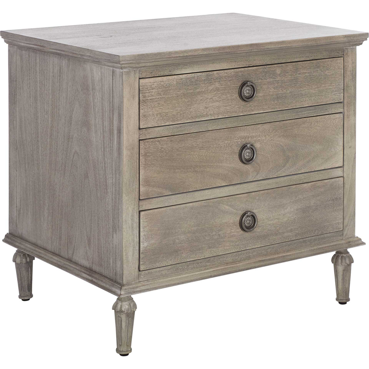 Weathered light gray wood grain and carved tapered feet give this three-drawer nightstand a refined look. || SFV7705C || front_angle_studio