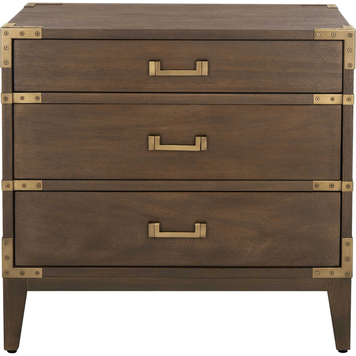 Brass-tone pulls and corner details accent three drawers in a deep brown wood finish || SFV7708A || front_studio
