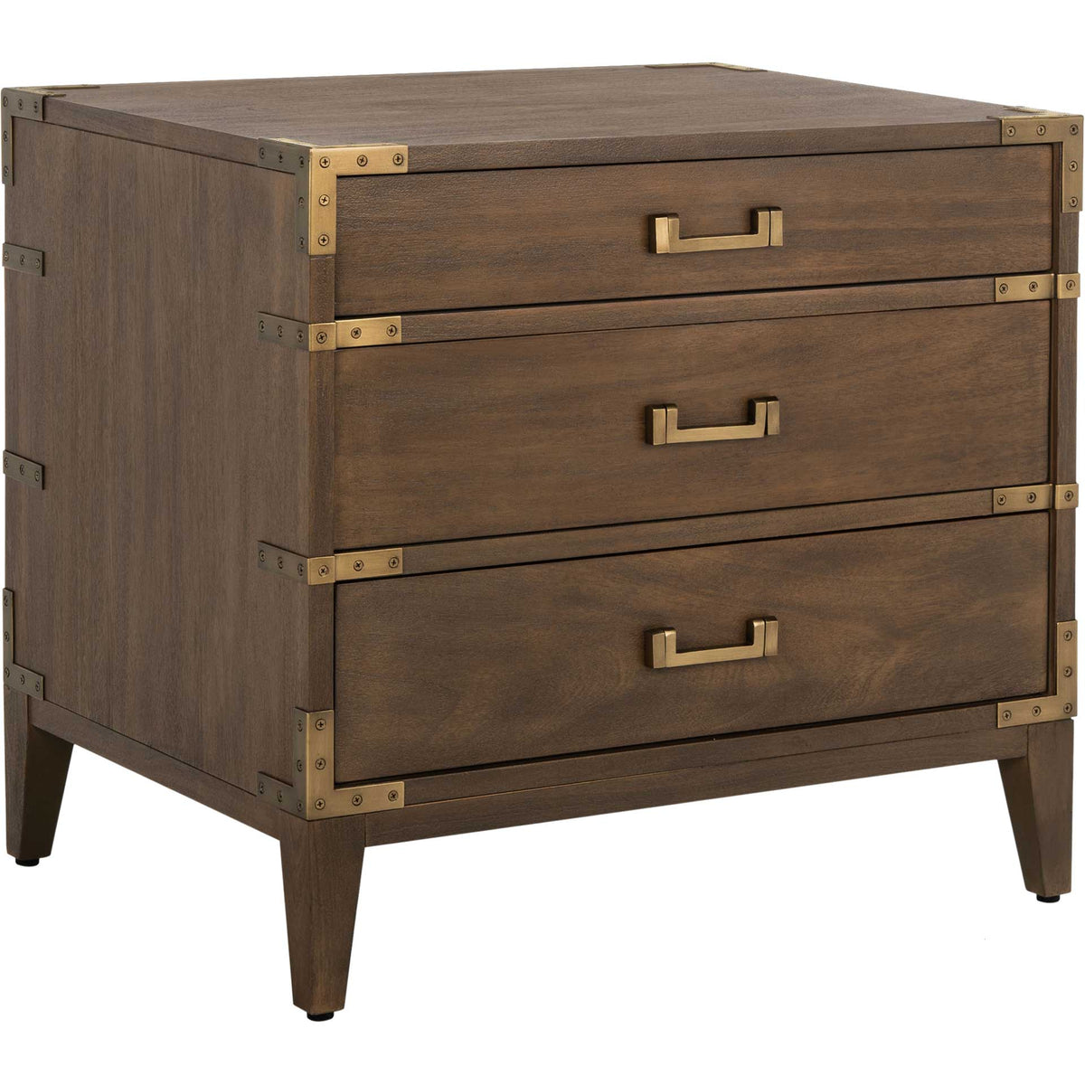 Three stacked drawers, tapered wood legs, and brass-tone trim define this rich brown nightstand || SFV7708A || front_angle_studio