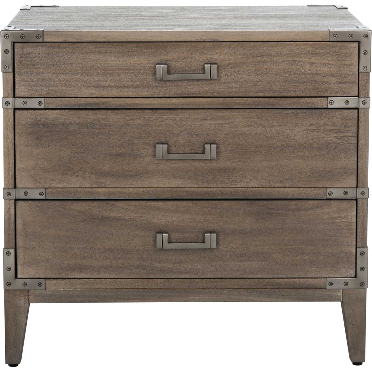 Three light brown drawers have dark metal pulls and matching corner reinforcements || SFV7708B || front_studio
