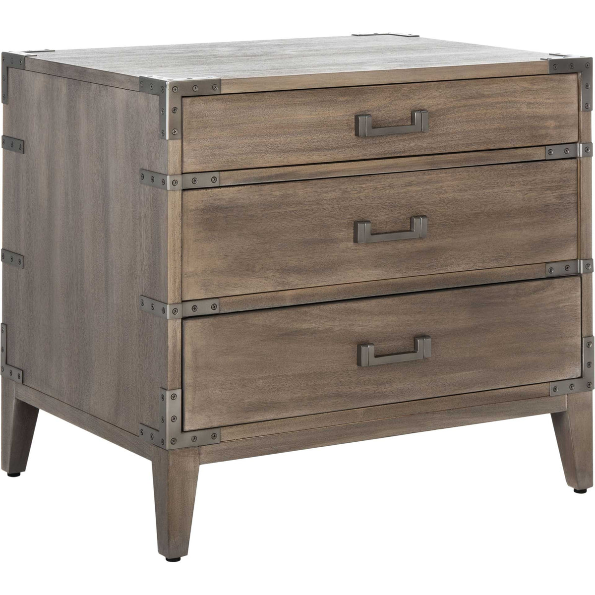 Weathered light brown wood and dark metal trim give three stacked drawers an industrial edge || SFV7708B || front_angle_studio