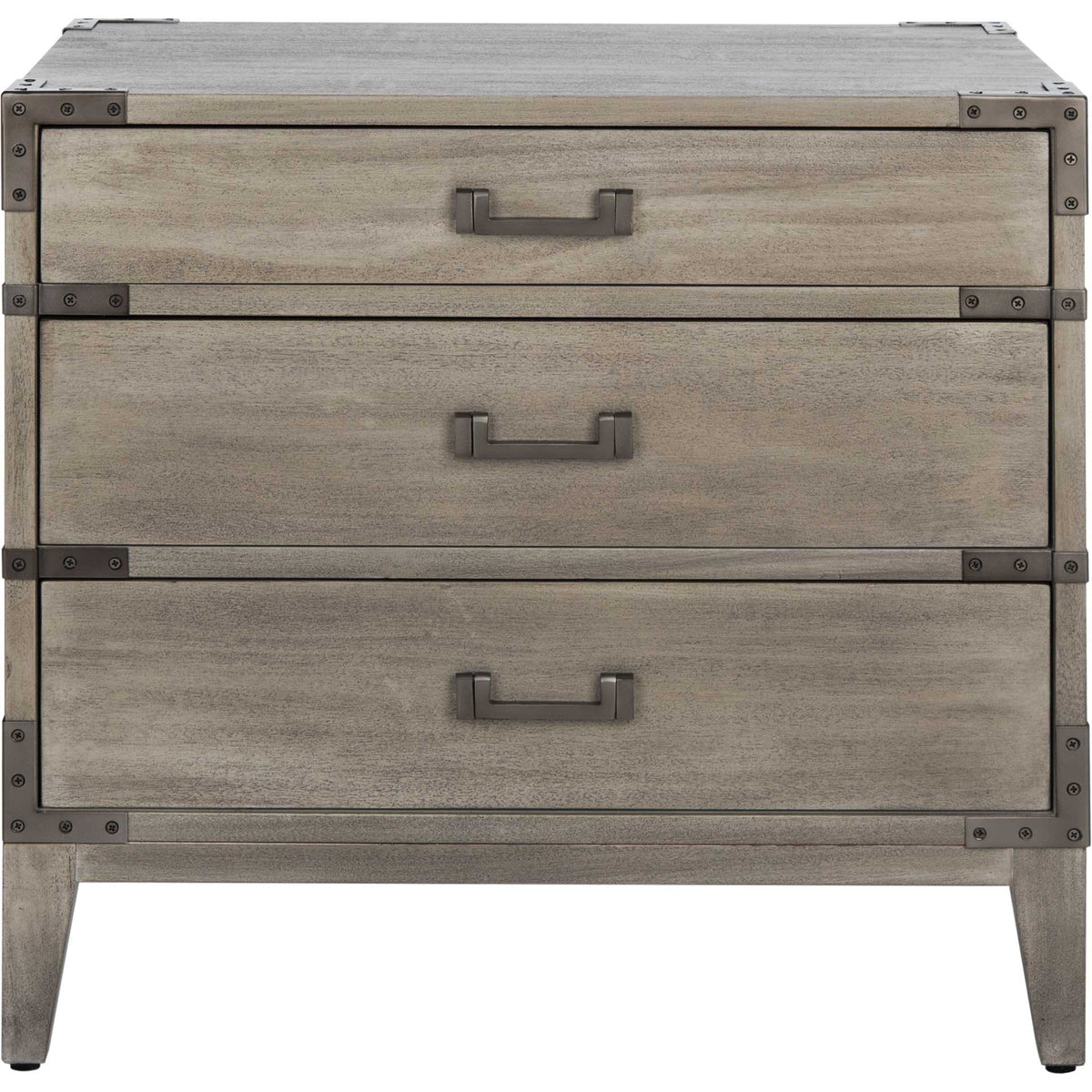 Three light gray wood drawers feature dark metal pulls and protective corner accents || SFV7708C || front_studio
