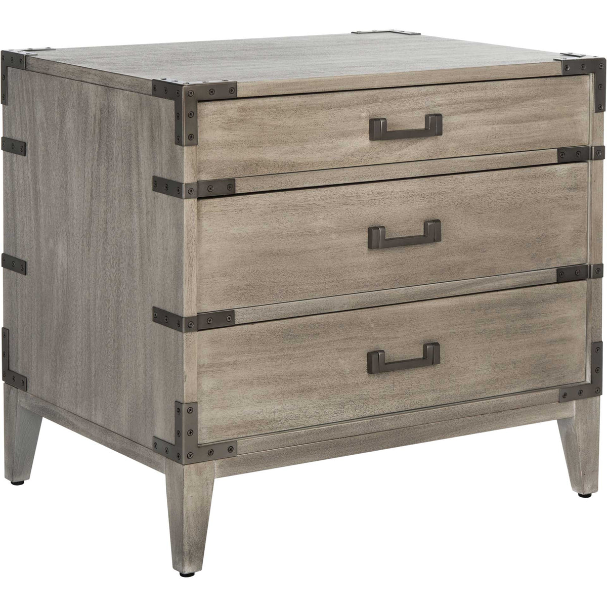 Washed light gray wood and dark metal hardware frame three drawers above tapered legs || SFV7708C || front_angle_studio