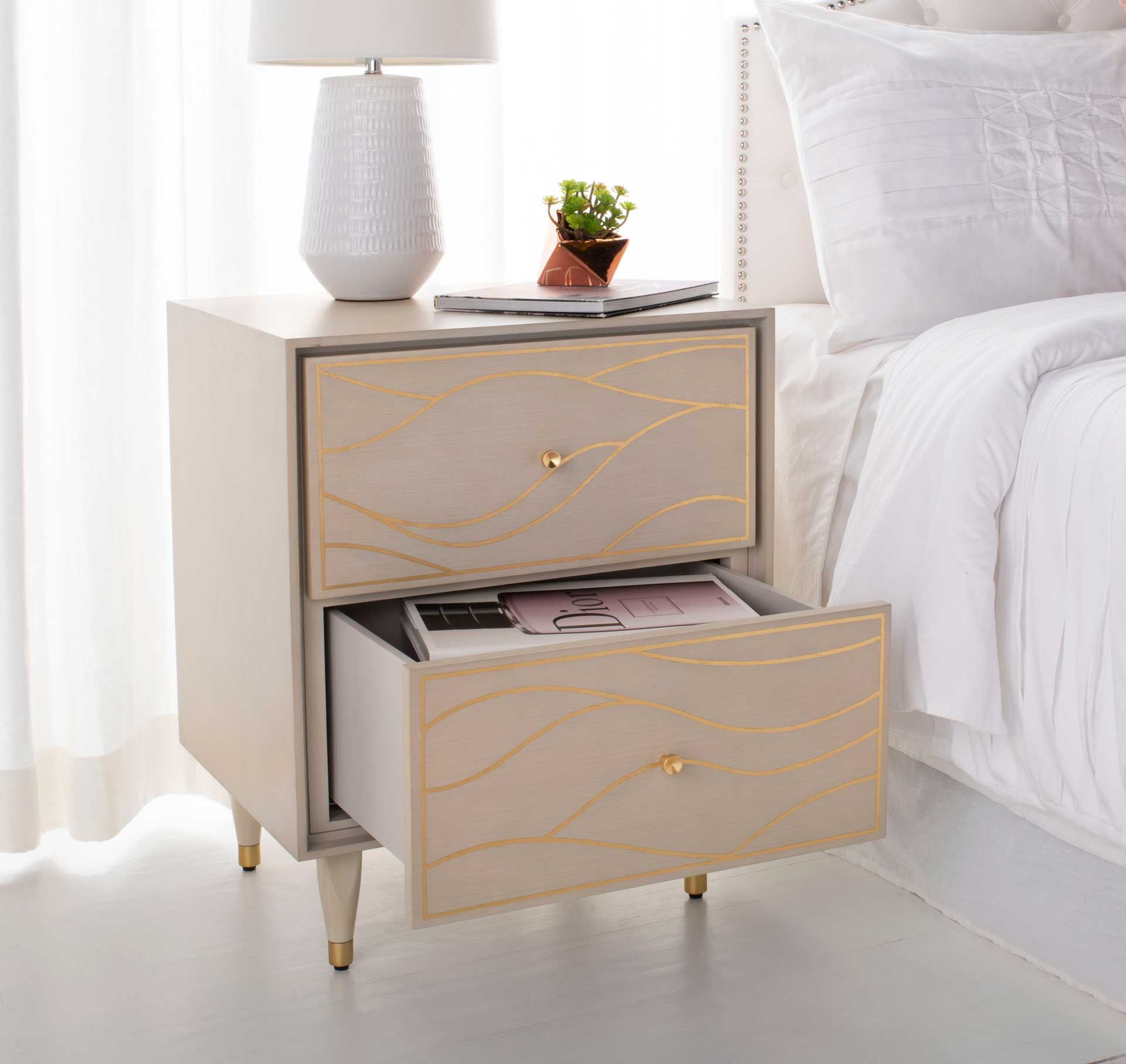 Brett Antique Gold Wave Nightstand White/Gold