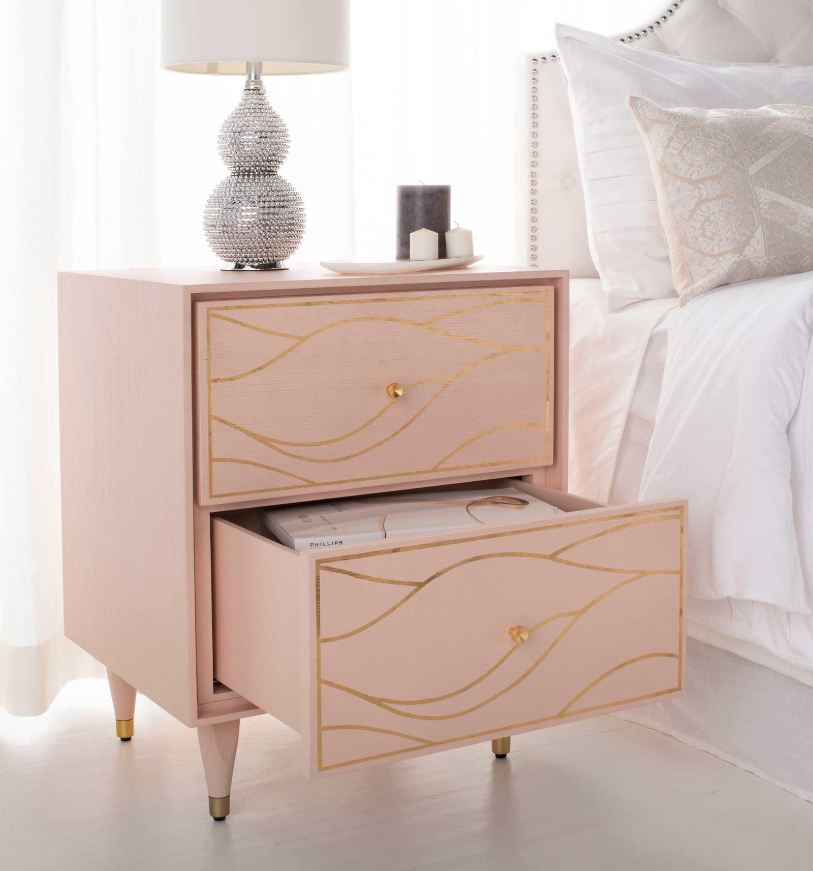 Brett Antique Gold Wave Nightstand Pink/Gold