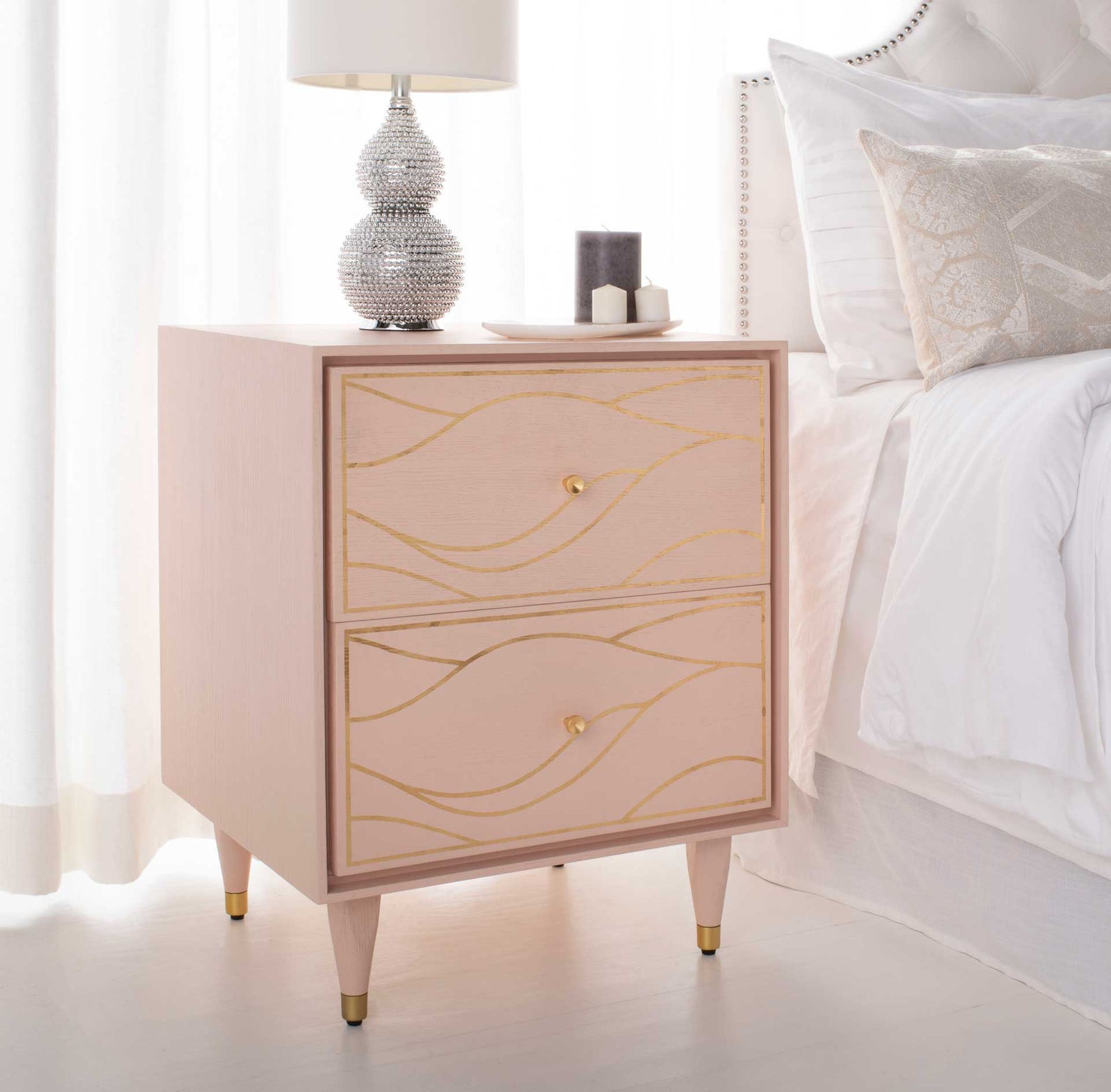 Brett Antique Gold Wave Nightstand Pink/Gold