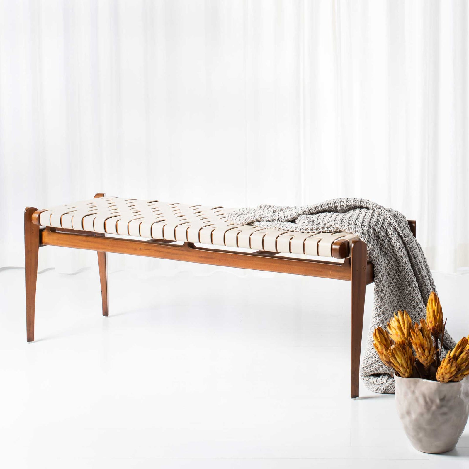 Diya Leather Bench White/Light Brown