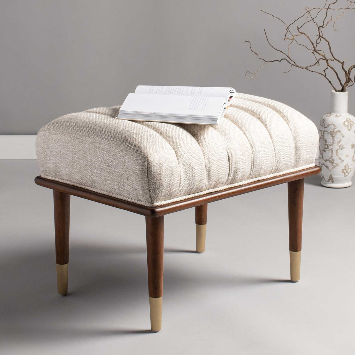 Flourish Mid-Century Ottoman Cream