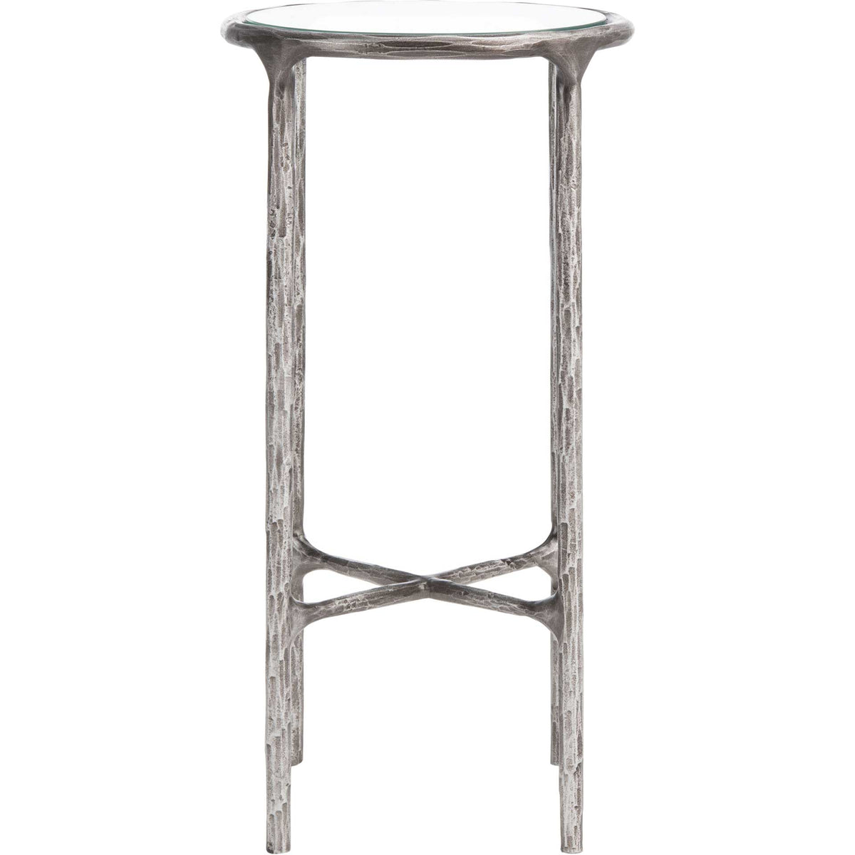 This slender, tall end table pairs clear glass with a textured silver-toned frame and X-shaped brace. || SFV9504B || front_studio