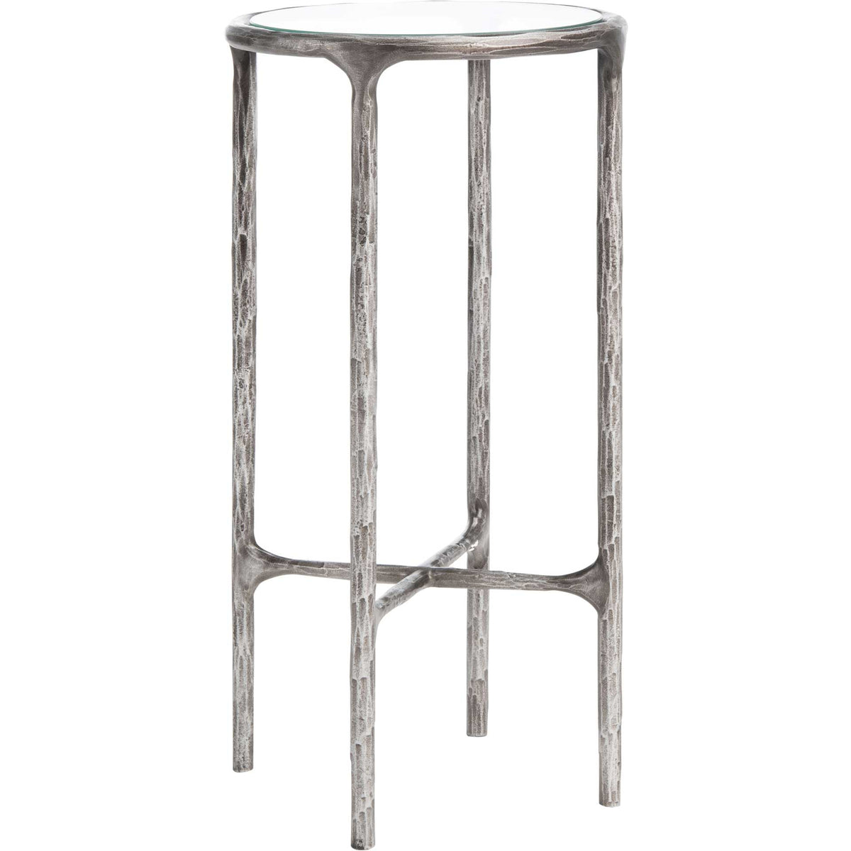 A compact glass top rises above tall silver-toned legs and intersecting lower braces. || SFV9504B || side_studio