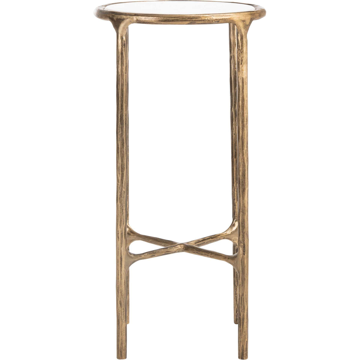 A tall brass-toned frame with an X-shaped brace supports the small, round white marble top. || SFV9504C || front_studio
