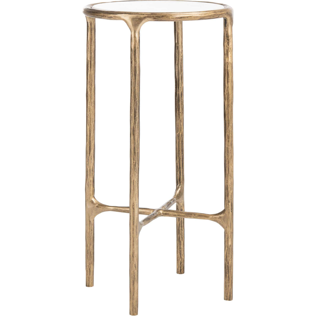 A petite white marble top rests on tall brass-toned legs linked by diagonal metal supports. || SFV9504C || side_studio